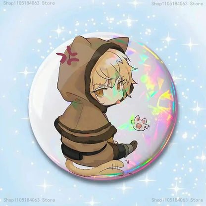 Brown hooded thorfinn pin badge with cat ears and a small pink paw print 25-75mm round enamel pin badge