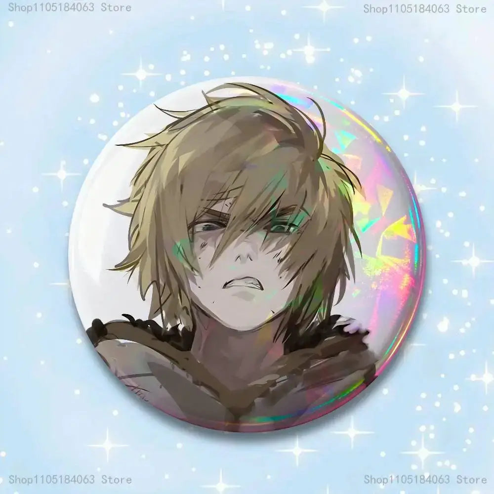 Vinland saga thorfinn pin badge round 25mm with iridescent finish and anime character in dark hooded garment