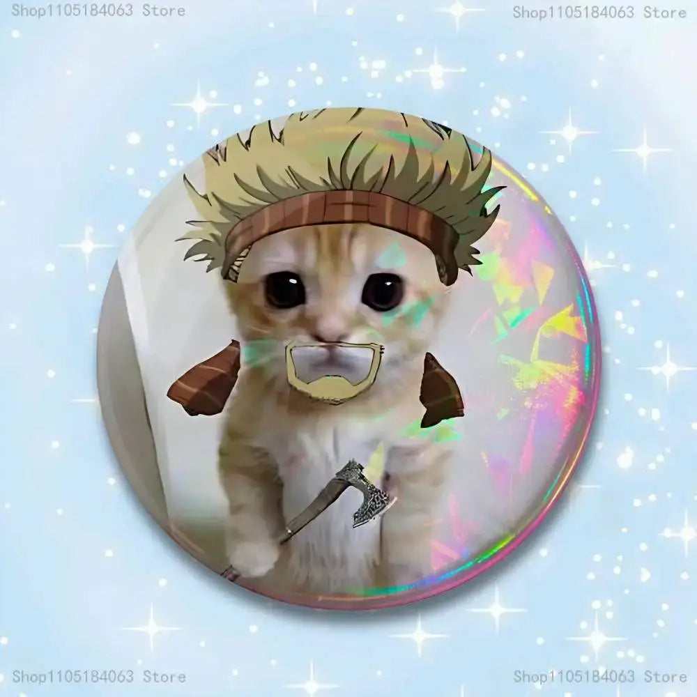 Round iridescent thorfinn pin badge featuring a cartoon warrior kitten with blonde hair and plaid headband holding an axe