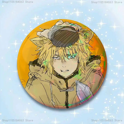 Circular vinland saga thorfinn pin badge featuring anime character with blonde hair and brown hat on orange background