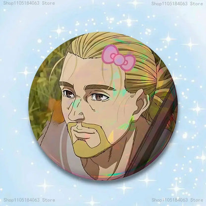 Circular thorfinn pin badge featuring a blonde-haired man with a pink hello kitty bow in a 25-75mm size