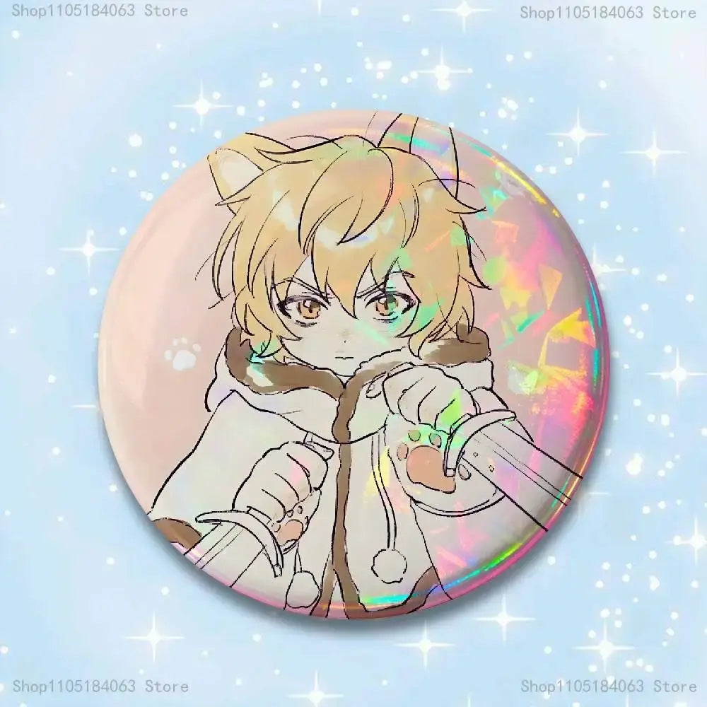 Circular vinland saga thorfinn pin badge featuring an anime character with blonde hair and cat ears in white coat