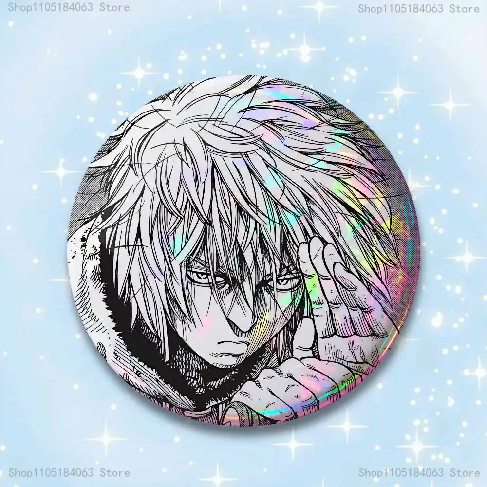 Circular holographic vinland saga thorfinn pin badge featuring black and white anime character with rainbow highlights