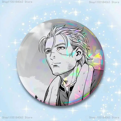 Circular holographic thorfinn pin badge featuring a black-and-white anime-style portrait of a young man with spiky hair