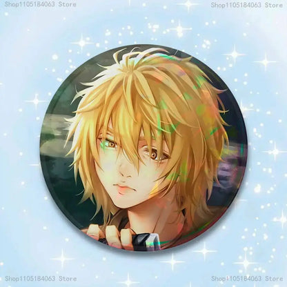 Circular vinland saga thorfinn pin badge featuring blonde-haired male with detailed hair texture on dark background