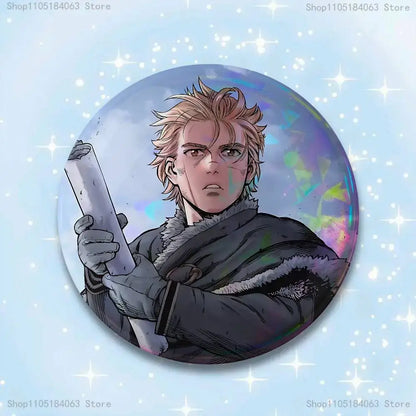 Circular vinland saga thorfinn pin badge featuring an illustrated character with spiky blonde hair holding a scroll