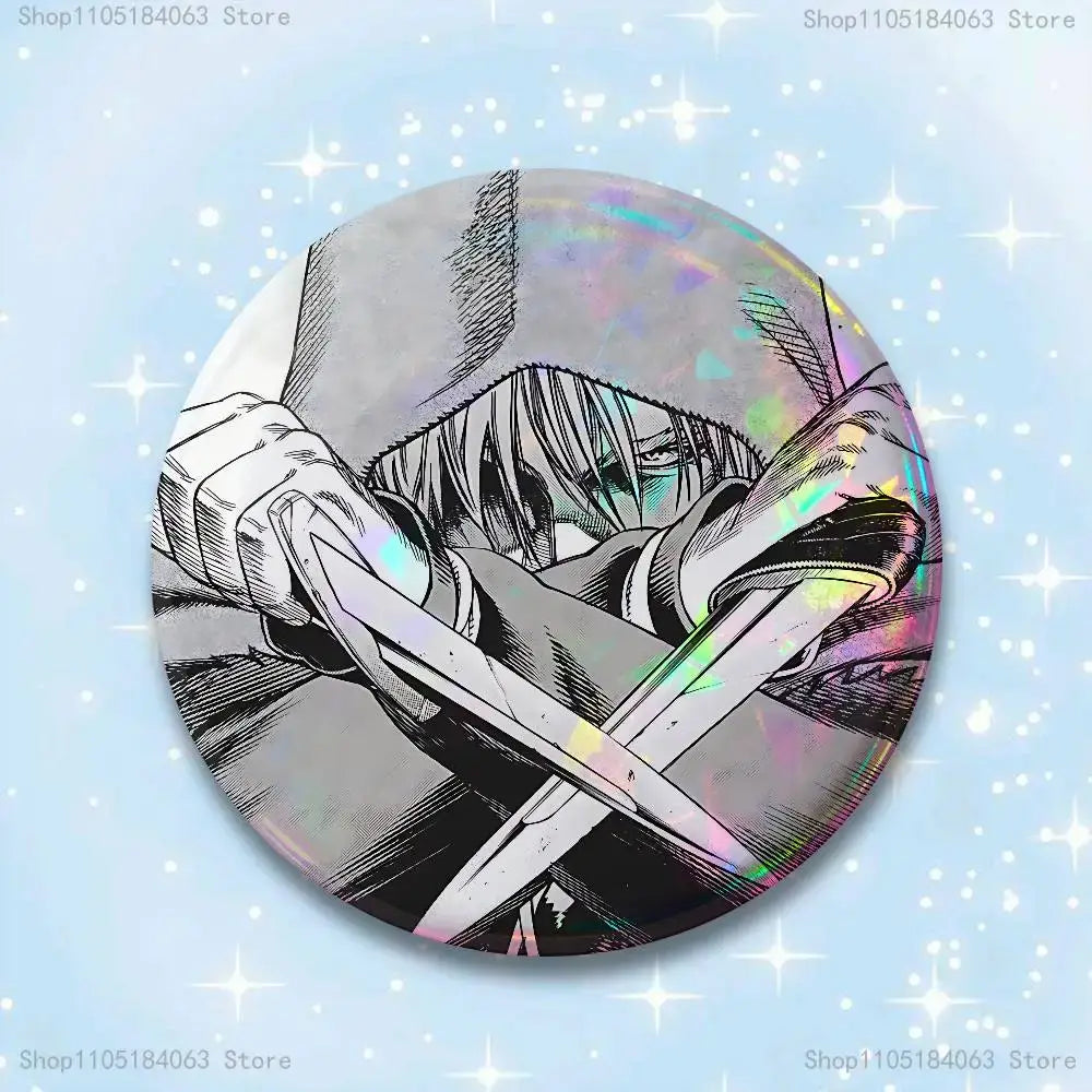 Circular vinland saga thorfinn pin badge featuring a black-and-white anime character with holographic detail