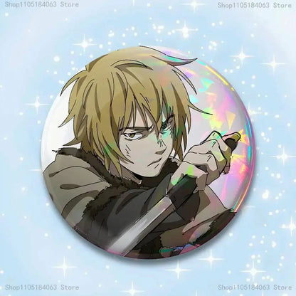 Vinland saga thorfinn pin badge round iridescent badge with blonde anime character holding a sword