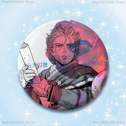 Circular acrylic thorfinn pin badge featuring anime character with spiky blonde hair and sword on pink purple background