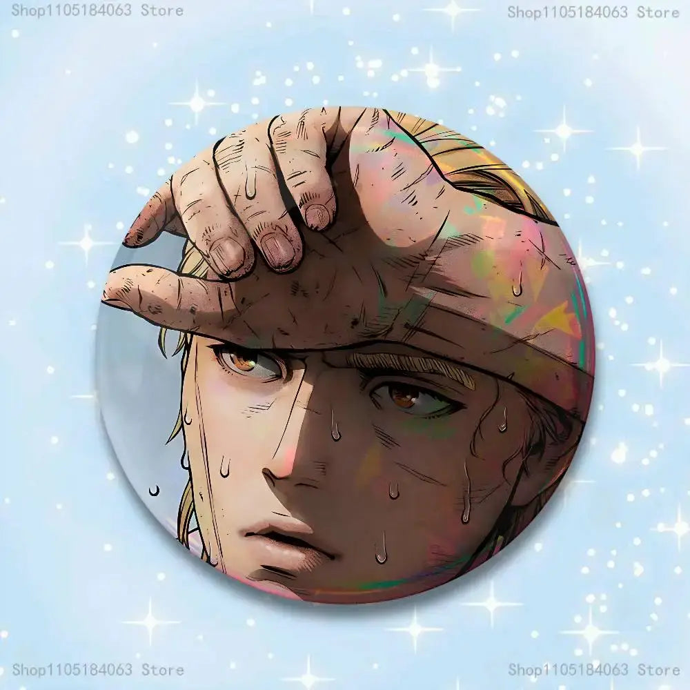 Circular vinland saga thorfinn pin badge featuring detailed illustration of young man with rainbow headband