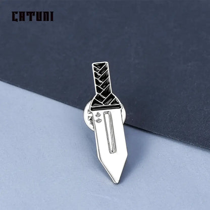 Silver and black enamel vinland saga thorfinn pin brooch featuring a stylized sword with intricate hilt detailing