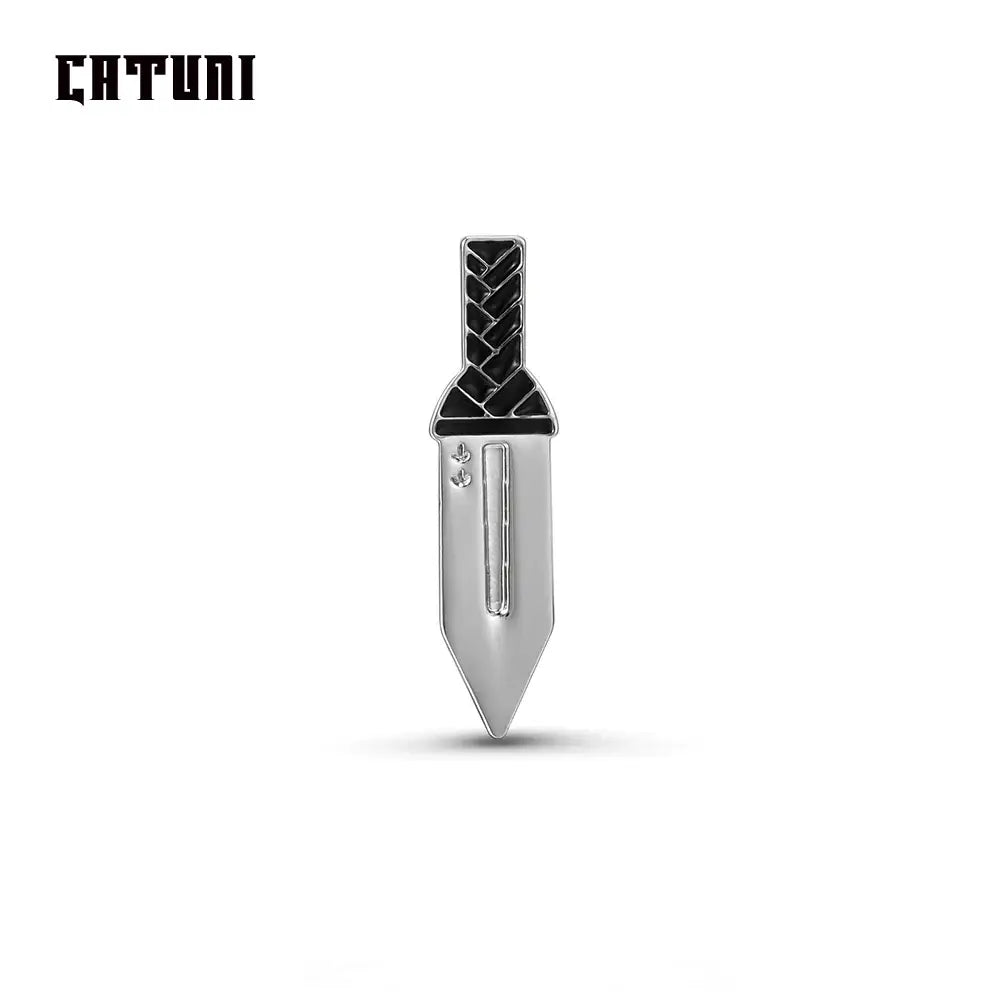 Silver dagger-shaped vinland saga thorfinn pin with black braided handle and engraved details lapel badge