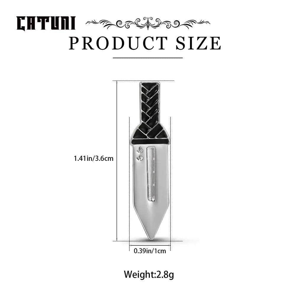Vinland saga thorfinn pin brooch featuring a silver dagger shape with black braided handle and engraved metallic blade