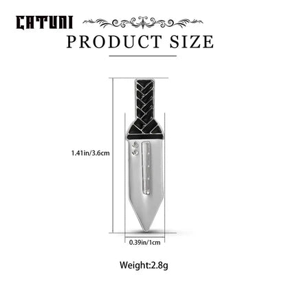 Vinland saga thorfinn pin brooch featuring a silver dagger shape with black braided handle and engraved metallic blade
