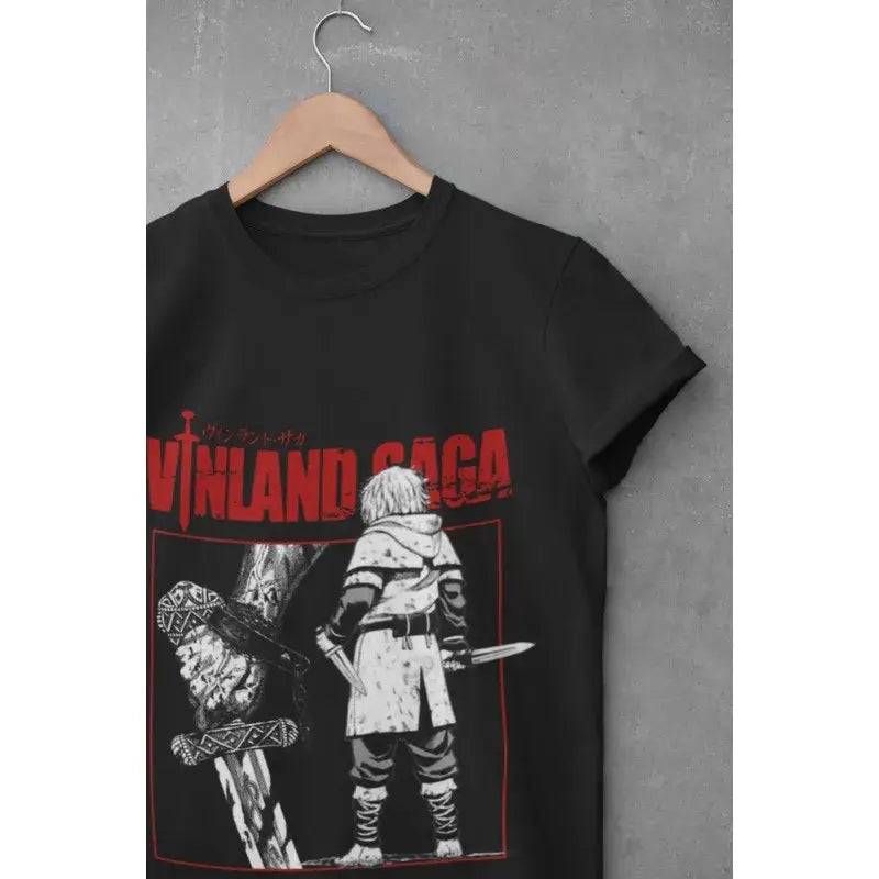 Black short-sleeved cotton tee featuring bold red and white vinland saga thorfinn anime character graphic design