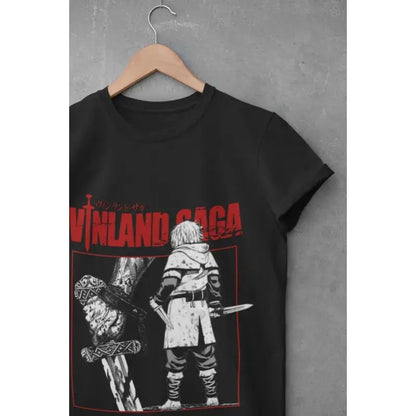 Black short-sleeved cotton tee featuring bold red and white vinland saga thorfinn anime character graphic design
