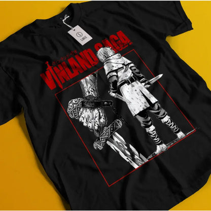 Black cotton tee featuring bold black and white vinland saga warrior illustration with red text and border