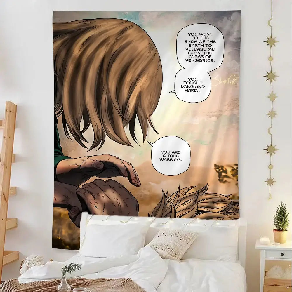 A large printed fabric vinland saga thorfinn wall tapestry featuring comic-style clasped hands with gold signature