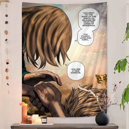 Beige and brown comic-style vinland saga thorfinn wall tapestry featuring two characters clasping hands on fabric