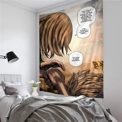 Beige and brown comic-style vinland saga thorfinn wall tapestry with two long-haired characters clasping hands
