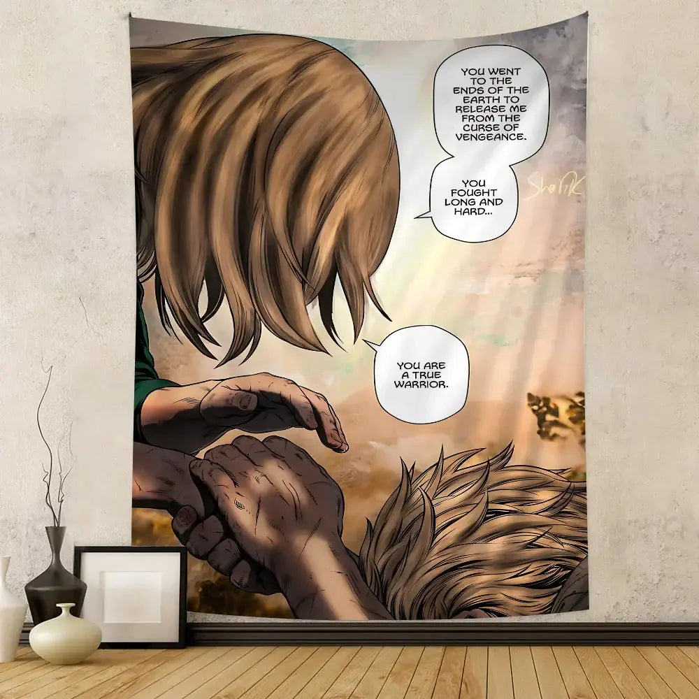 Beige and brown large vinland saga thorfinn wall tapestry with comic-style scene of two characters holding hands on fabric