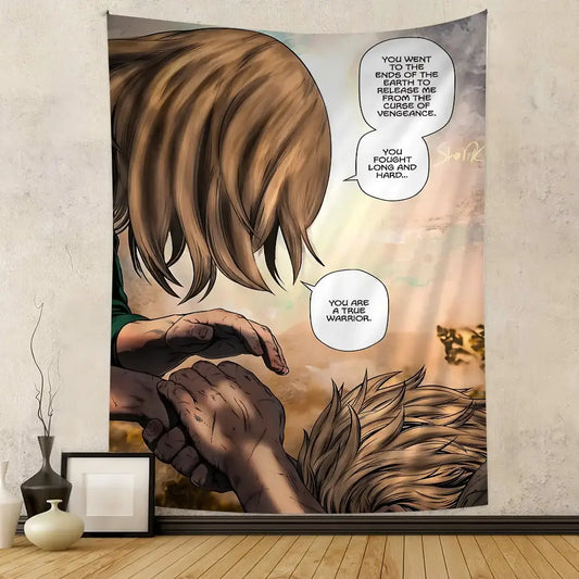 Beige and brown large vinland saga thorfinn wall tapestry with comic-style scene of two characters holding hands on fabric