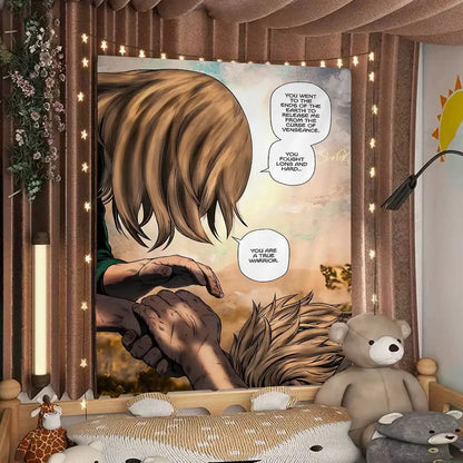 Beige and brown comic-style vinland saga thorfinn wall tapestry featuring hands clasped with dialogue bubbles for decor