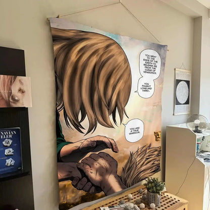 A large printed fabric vinland saga thorfinn wall tapestry featuring comic-style clasped hands with warm background