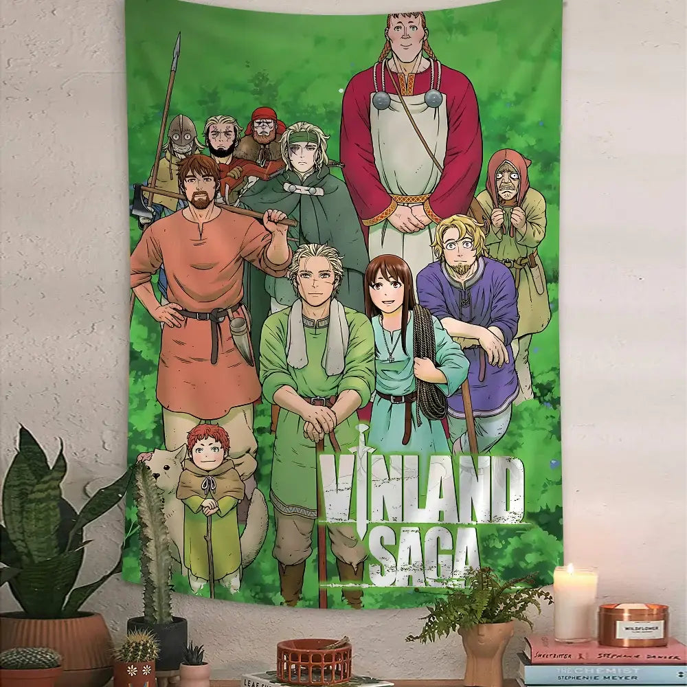 Green vinyl saga thorfinn wall tapestry with bold white lettering on large printed fabric for wall decor