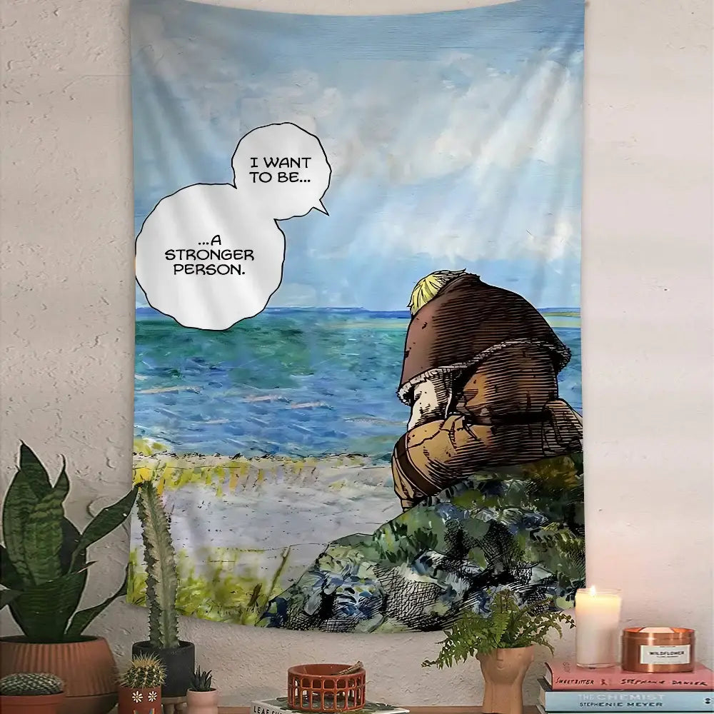 Vinland saga thorfinn wall tapestry featuring large printed fabric with anime blonde character by sea under blue sky