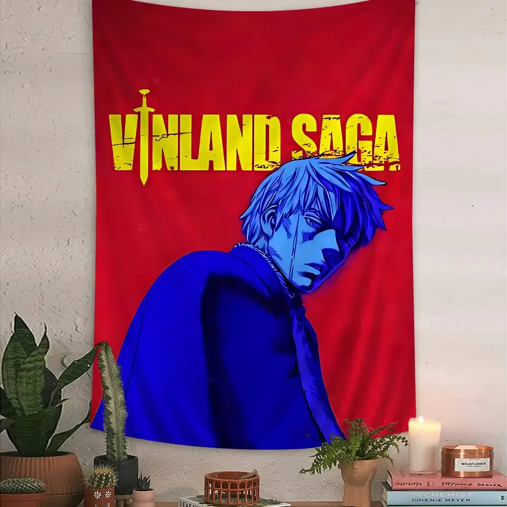 Red vinland saga tapestry with bold blue björn illustration and yellow text in a large vinland saga thorfinn wall tapestry