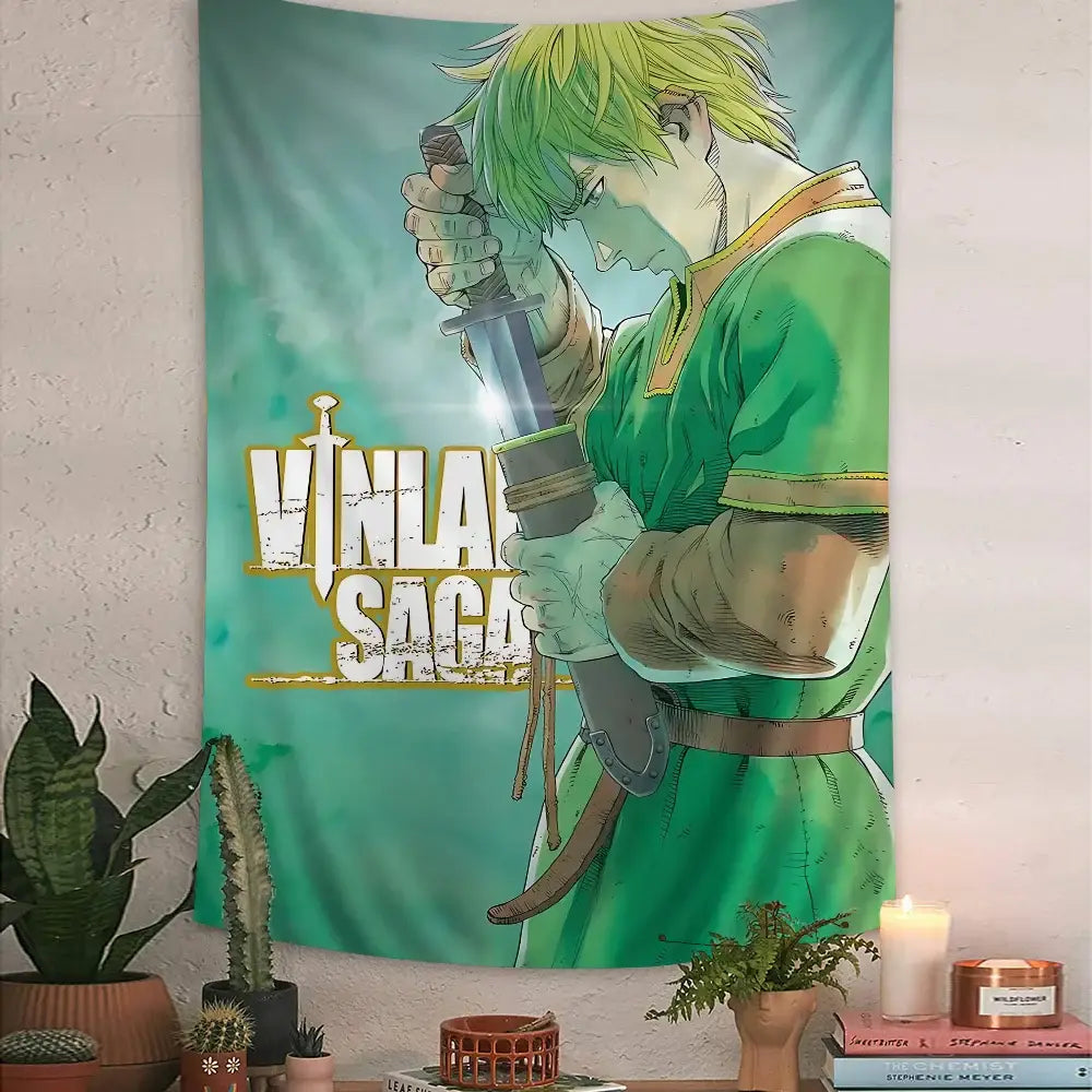 Vinland saga thorfinn large printed fabric wall tapestry in teal with green-haired thorfinn holding a sword