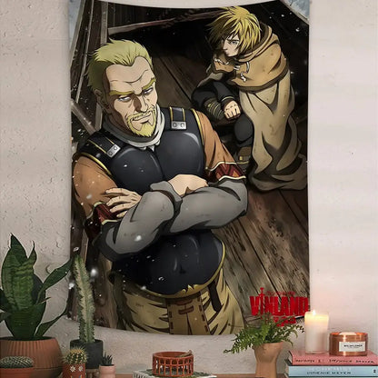 A large printed fabric vinland saga thorfinn wall tapestry showing two animated characters in dark and brown clothing