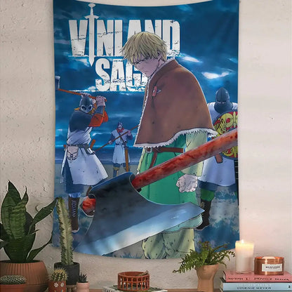 A vibrant blue vinland saga thorfinn wall tapestry featuring a central blonde character holding an axe with armored figures behind