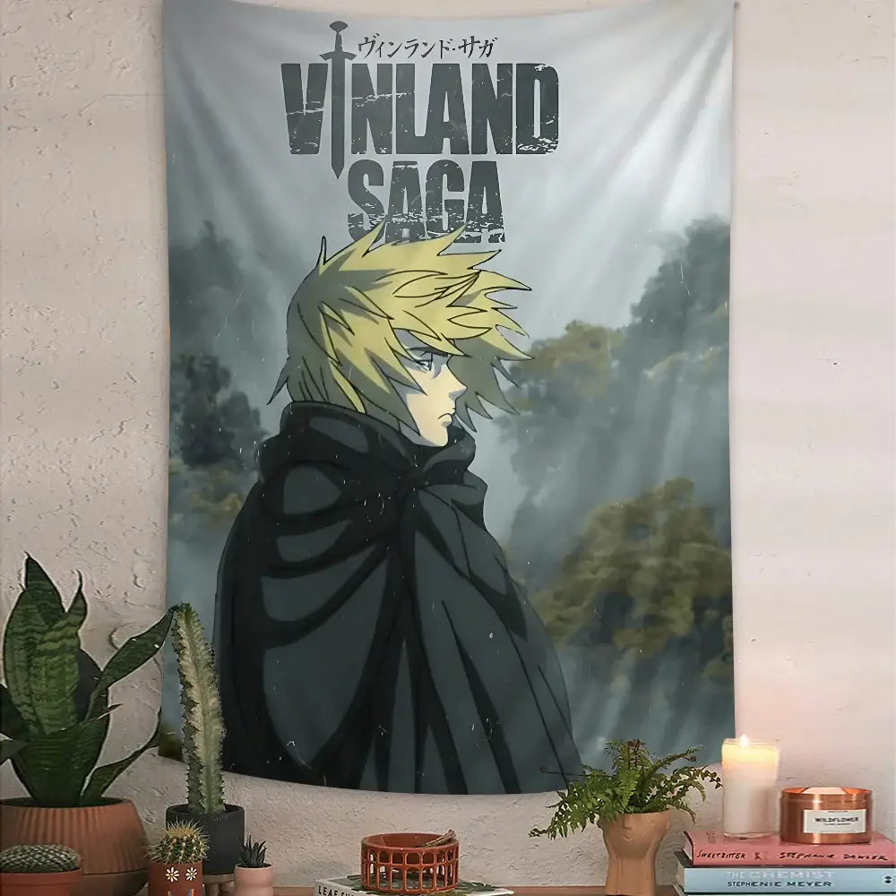 Gray vinland saga thorfinn wall tapestry featuring spiky blonde anime character on large printed fabric