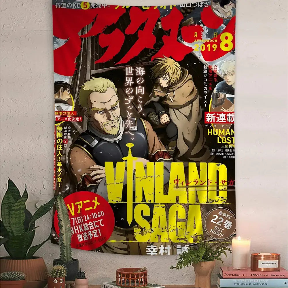 Vinland saga thorfinn wall tapestry featuring bold yellow lettering and dynamic anime artwork on large printed fabric