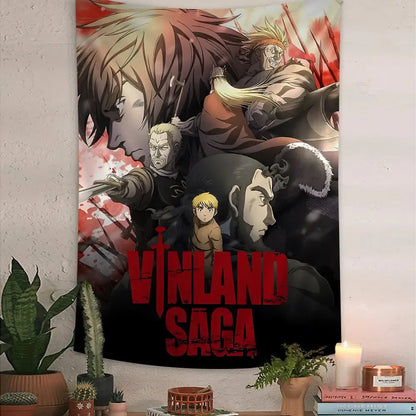 Vinland saga thorfinn large printed fabric tapestry featuring bold red lettering and dynamic character illustrations