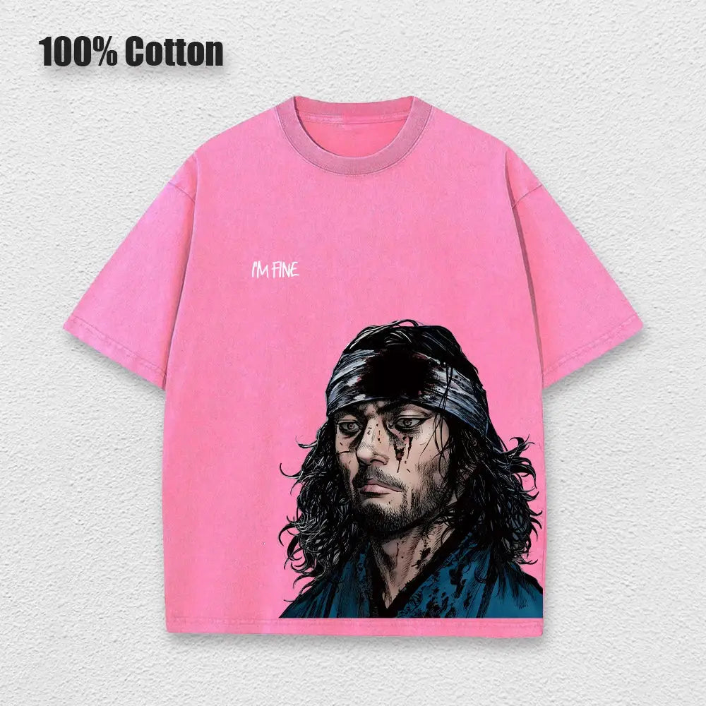 Pink cotton vinland saga thorfinn washed t-shirt with graphic print of character and white im fine text on front