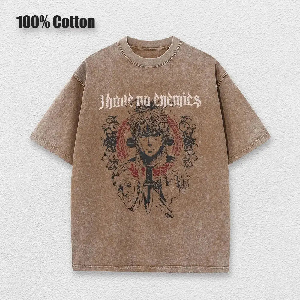 Beige 100% cotton vinland saga thorfinn t-shirt with vintage anime graphic and i have no enemies text print
