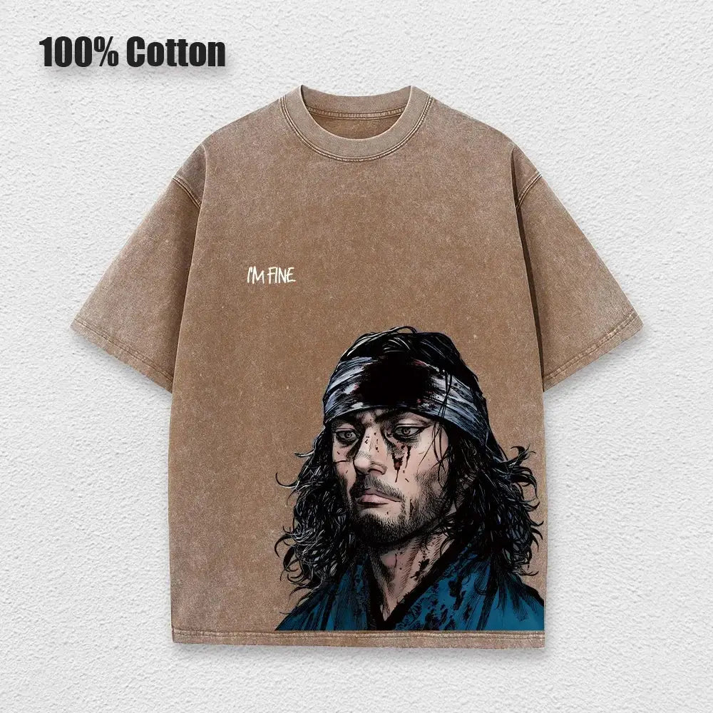 Beige 100% cotton vinland saga thorfinn washed t-shirt with detailed graphic of saga thorfinn in blue bloodstained garment