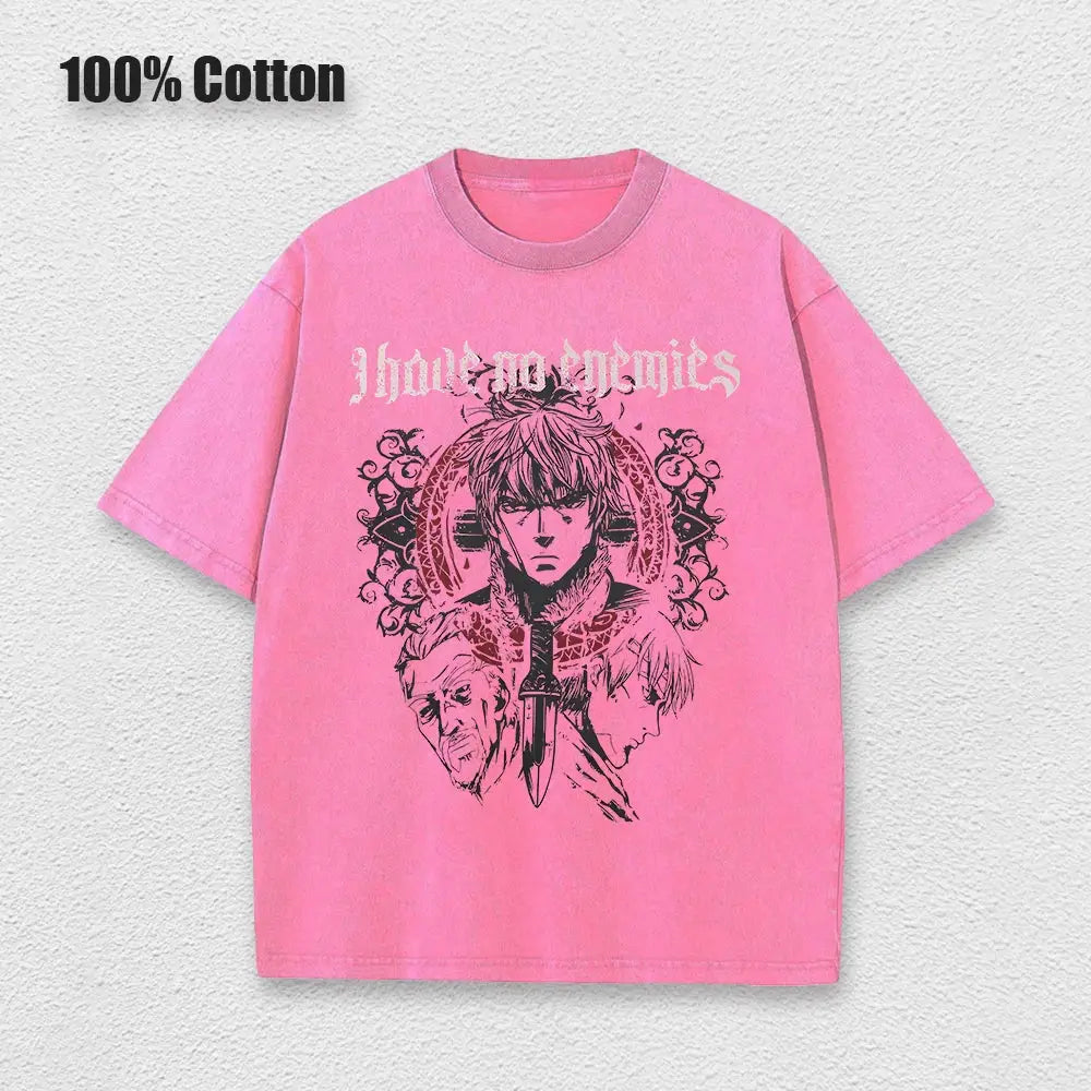 Pink 100% cotton vinland saga thorfinn t-shirt with black anime graphic and i have no enemies text front print