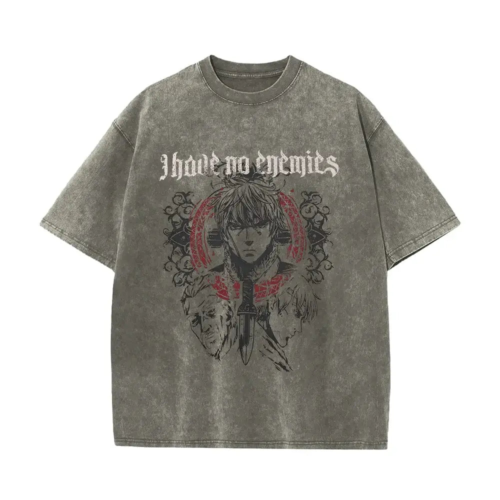 Vinland saga thorfinn washed gray graphic tee with black and red anime print and i have no enemies text 100% cotton