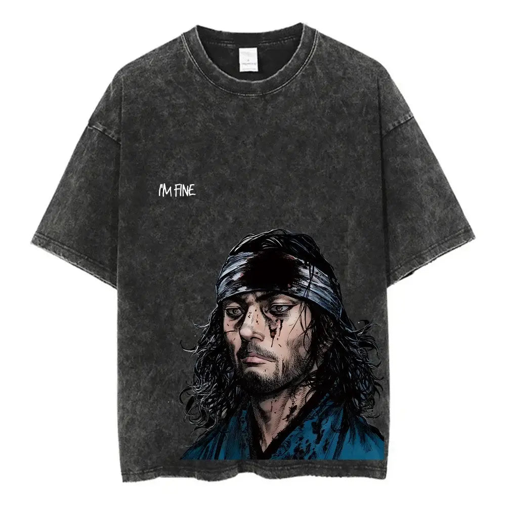 Dark gray distressed 100% cotton vinland saga thorfinn washed t-shirt with graphic print of bearded man and text i’m fine