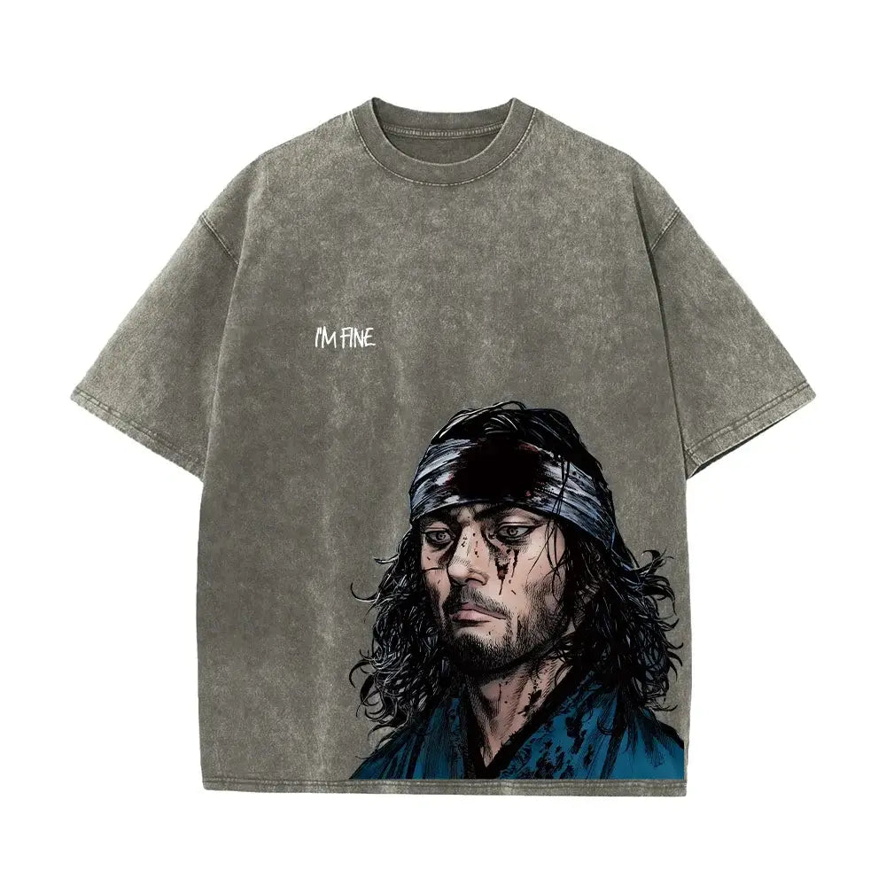 Olive green distressed cotton t-shirt featuring vinland saga thorfinn graphic in dark tones saga thorfinn washed tee