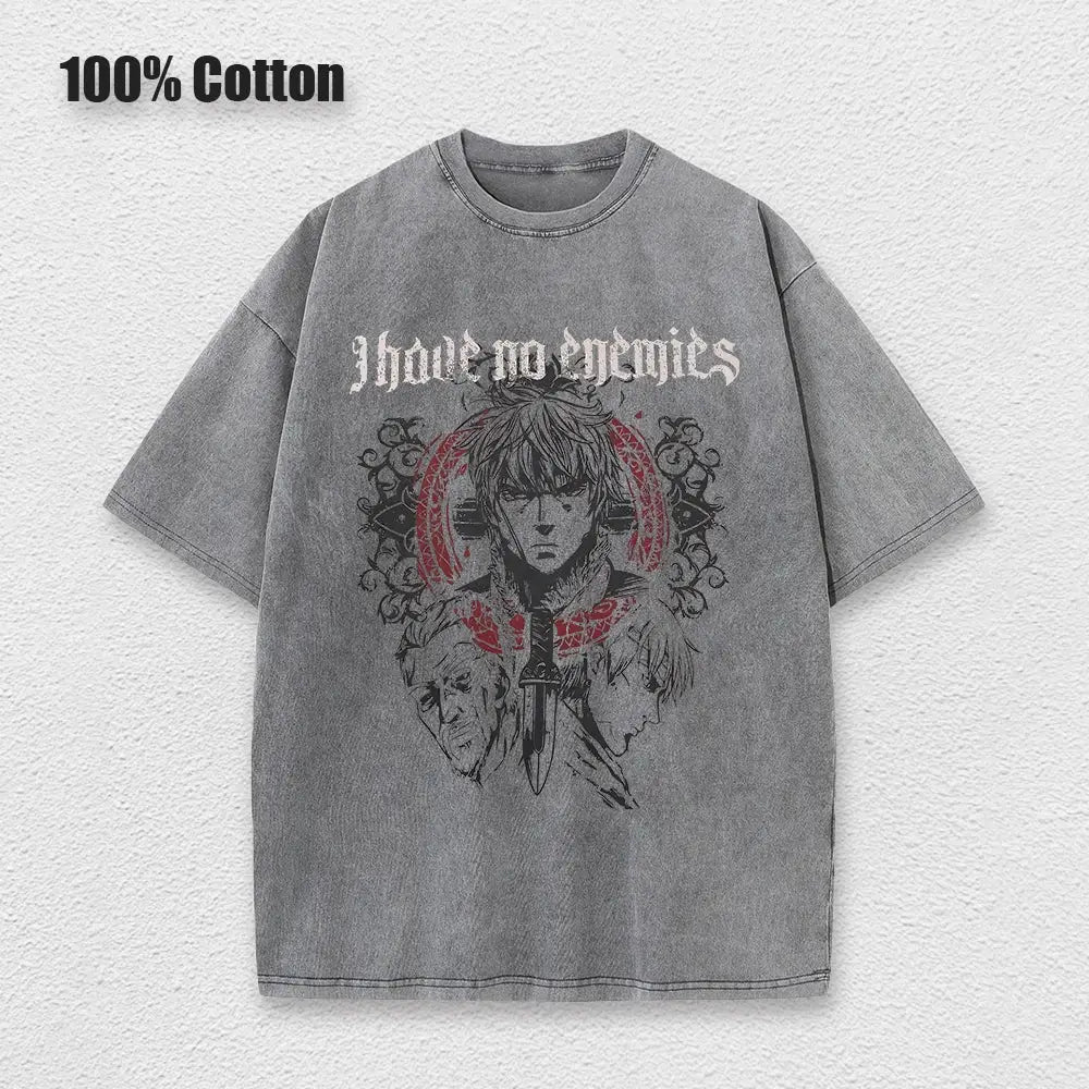 Gray oversized 100% cotton vinland saga thorfinn washed t-shirt with black and red anime graphic and text i have no enemies