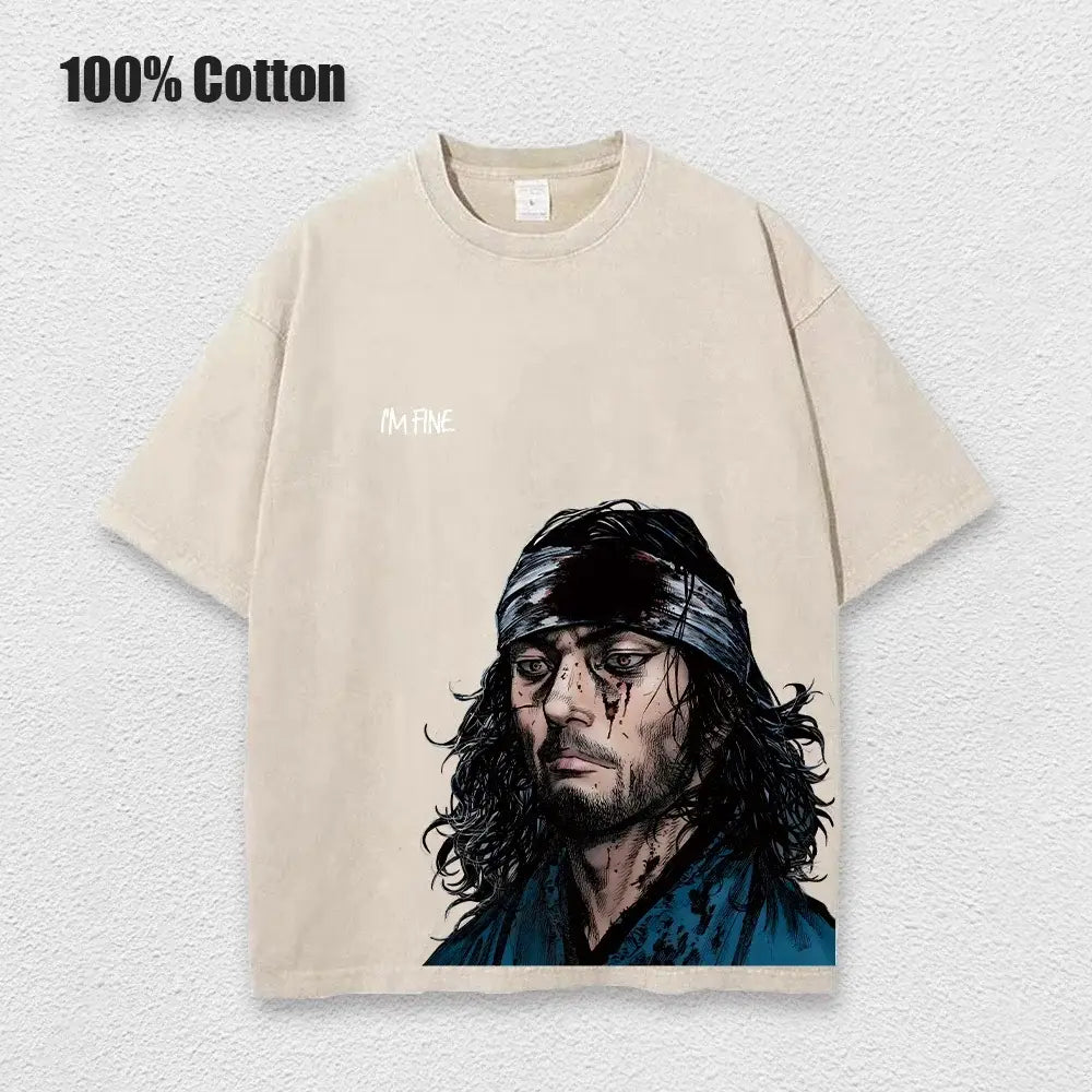 Beige 100% cotton vinland saga thorfinn washed t-shirt with detailed graphic of thorfinn with headband and blood streaks