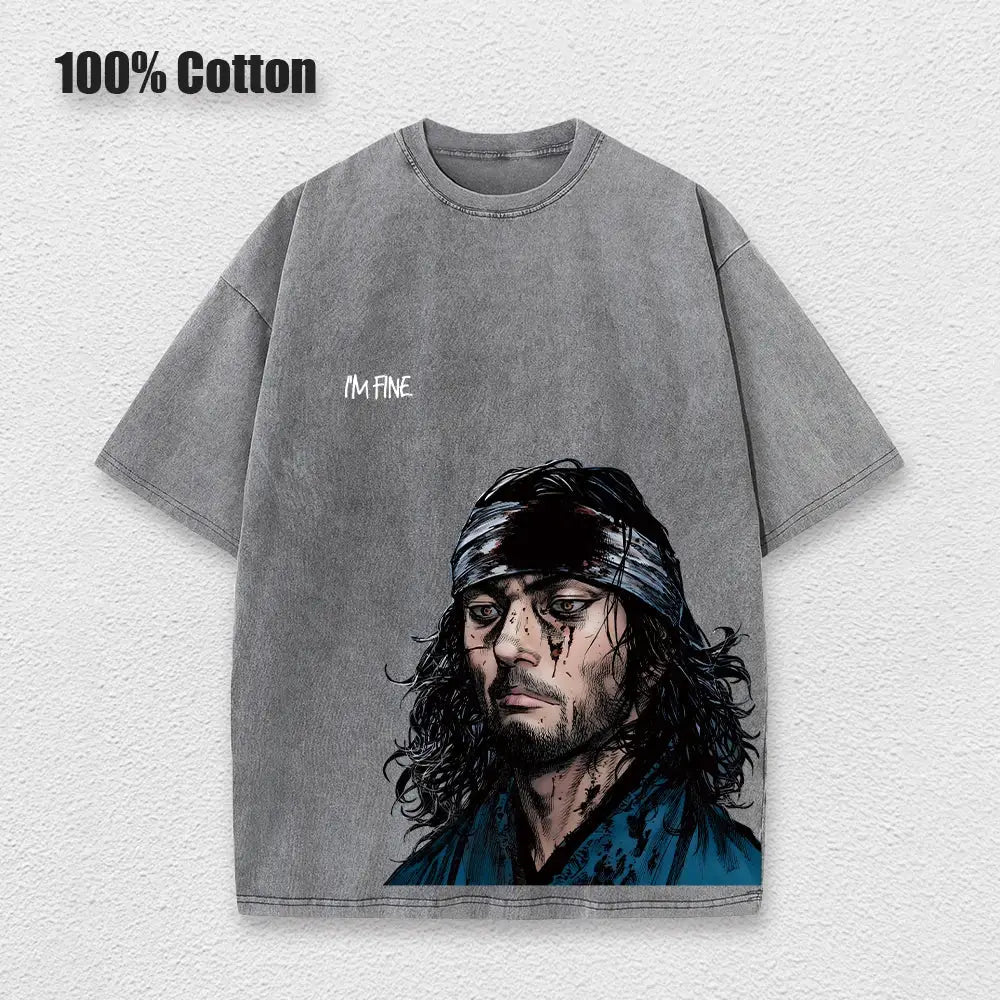 Gray cotton t-shirt featuring vinland saga thorfinn graphic with long dark hair bandana and blood-like streaks on face