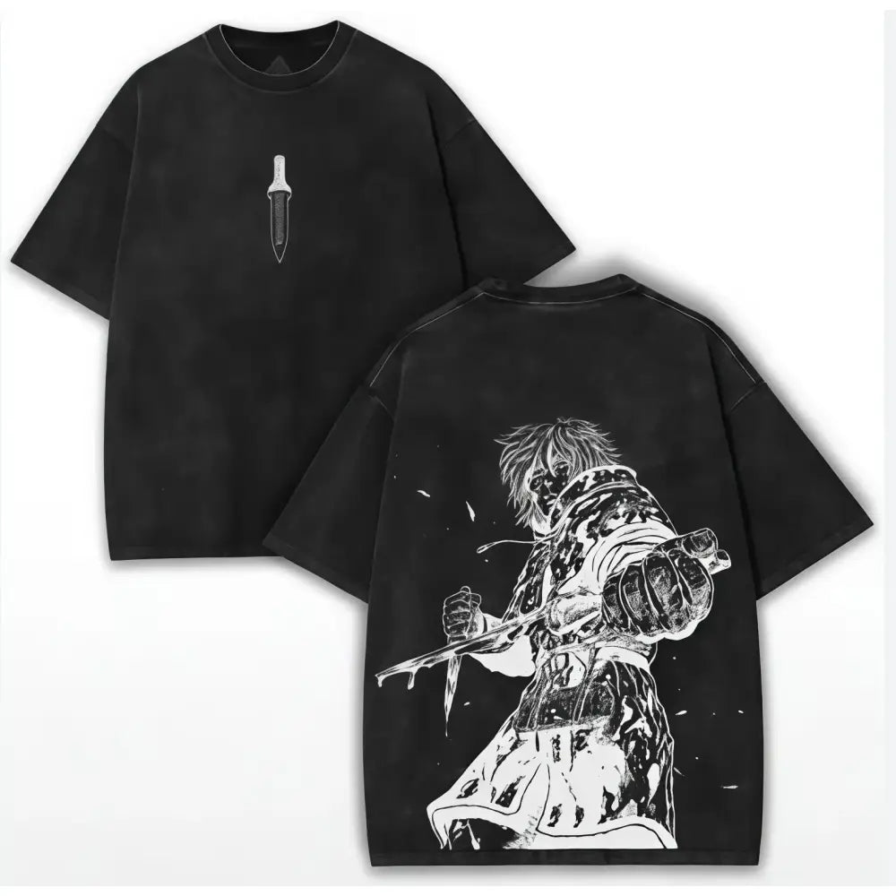 Black oversized Vinland Saga Thorfinn t-shirt in soft cotton with sword graphic front and anime warrior back design