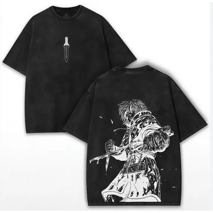 Black oversized Vinland Saga Thorfinn t-shirt in soft cotton with sword graphic front and anime warrior back design