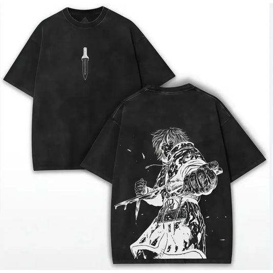 Black oversized Vinland Saga Thorfinn t-shirt in soft cotton with sword graphic front and anime warrior back design